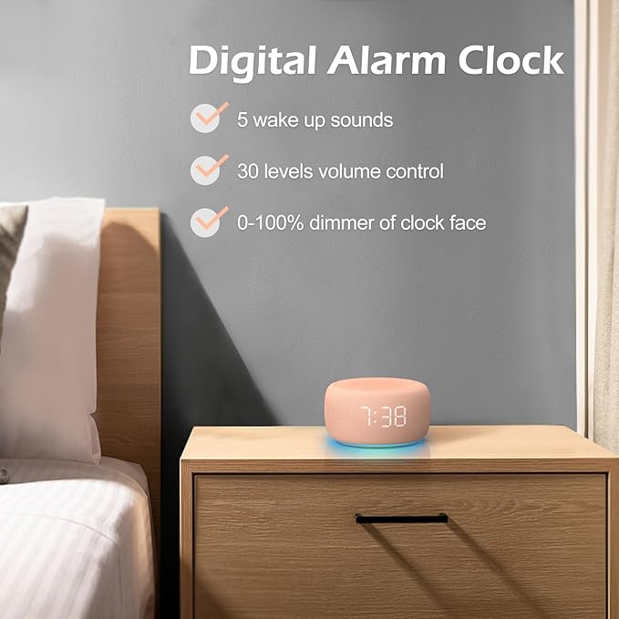 Buffbee Sound Machine & Alarm Clock 2-in-1, 0-100% Clock Face Brightness, Bottom Colored Light, Sleep Timer, Precise 30-Level Volume White Noise Machine, Digital Alarm Clocks for Bedrooms - Peach