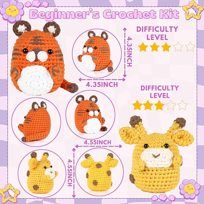 yhwsymgmho Crochet Kit for Beginners:2pcs Animals amigurumi Crochet Starter Kits with Step-by-Step Video Tutorials,Easy Knitting Set for Adults Kids,DIY Crocheting Doll Gift(Tiger & Giraffe)