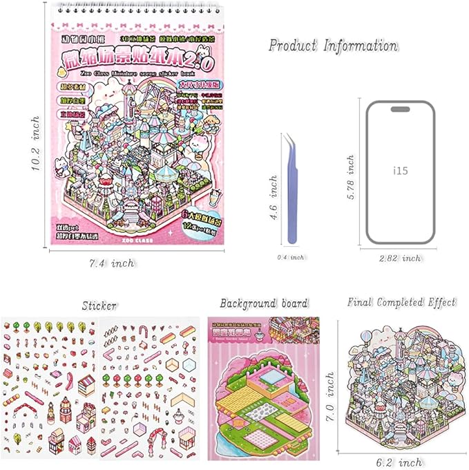 Sticker Therapy 3D Scene – 6 Sets Large Size DIY 3D Sticker Scenes with Tweezer for Adults Kids Relief Stress Pass The Time, Cute Miniature House Room Material Collection Book 02