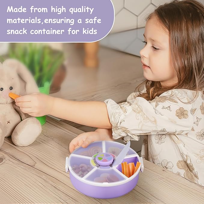Kids' Rotating Snack Container Set – 2-Pack, Includes 1 Rotating Snack Container & 1 Round Sectioned Snack Box, BPA-Free, Dishwasher Safe, Perfect for Travel-Purple