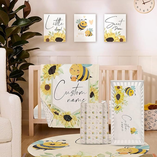 Personalized Baby Crib Bedding Set for Baby Girls, Yellow Bee Pattern Custom Name Baby Crib Sets 5-Pcs, Toddler Double Layer Blanket Fitted Sheets Changing Pad Cover Rug Wall Art Set