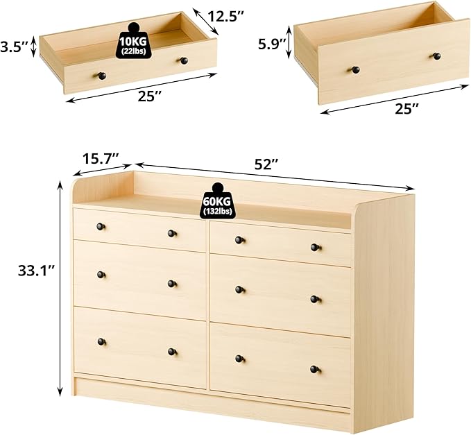 Cozy Castle Baby Dresser with 6 Drawers and Large Table Top, Multi-Functional Chest of Drawer, Drawer Dresser with Three-Sided High Rails for Nursery, Children's Room, Bedroom, Oak