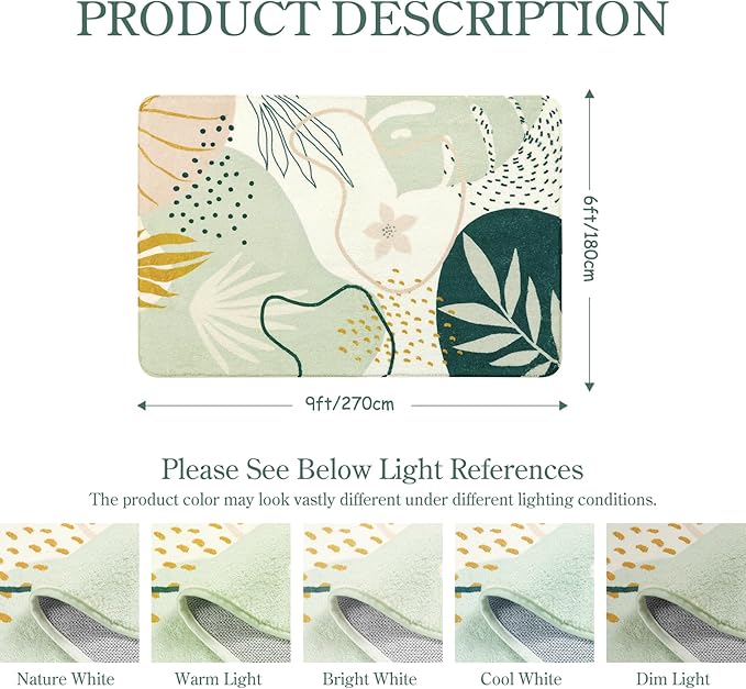 Lahome Green Machine Washable Rugs - 6x9 Rug for Living Room Non-Slip Large Boho Area Rug Lightweight Throw Non-Shed Dining Room Rug, Soft Botanical Print Floor Carpet for Bedroom Classroom Office