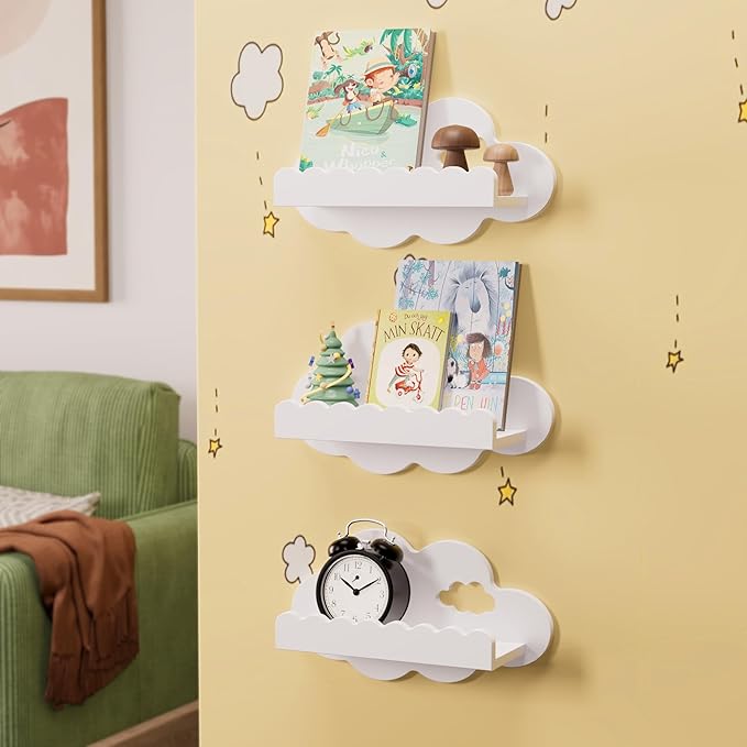 NACHES 3-Piece Floating Bookshelf - Scalloped White Cloud Wooden Wall Shelves, Kids Room/Nursery Decor for Books & Picture, Easy to Mount Display Shelves