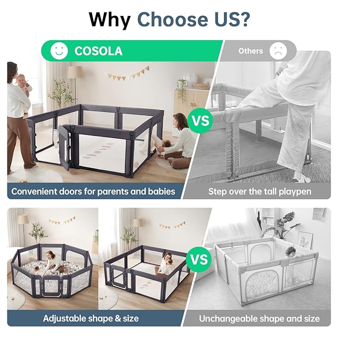 Baby Playpen,Large Play Pen for Babies and Toddlers with Door 79x71 Inch, Adjustable Playpen Non-Slip Suction Cups Base Safe and Sturdy, Indoor Outdoor Playard,Black