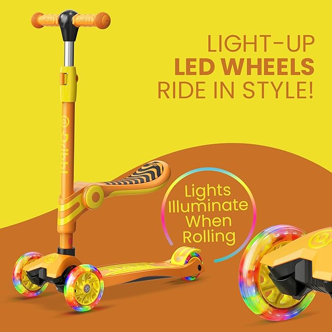 Orange 3 Wheel Scooter with Seat for Kids – Light-Up LED Wheels, Adjustable Handlebar and Seat, Smooth PU Wheels, Wide Anti-Slip Deck, Rear Foot Brake – Toddler Outdoor Toys for Ages 2+