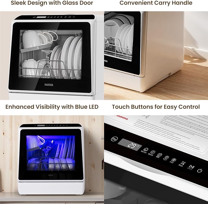 HAVA Countertop Dishwasher, 6 Programs Portable Dishwashers with 5L Built-in Water Tank, No Hookup Needed, Baby Care & Air-Drying Function for Apartments and RVs