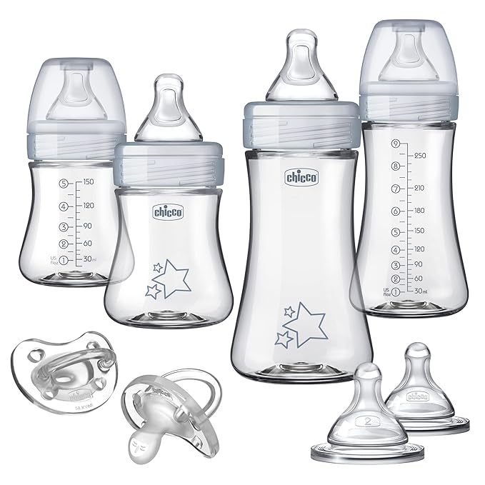 Chicco Duo Newborn Hybrid Baby Bottle Starter Gift Set with Invinci-Glass Inside and Plastic Outside | Dishwasher, Bottle Warmer, and Electric Sterilizer Safe | Intui-Latch Nipple | Clear/Grey