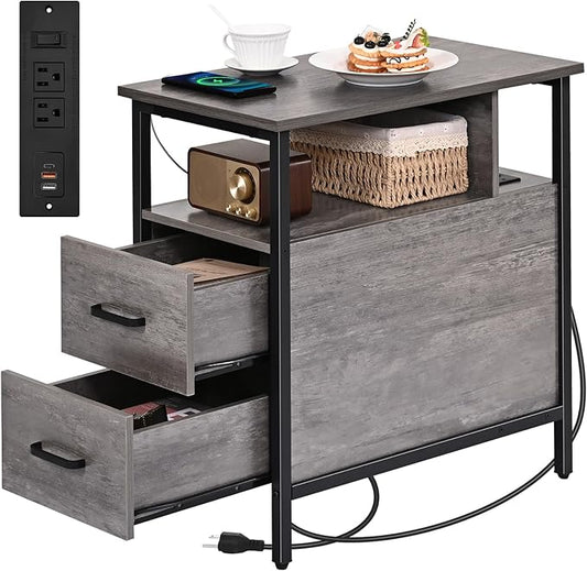 Side Table, Gray End Tables with Charging Station, Narrow End Table with Wooden Drawers, USB Ports and Power Outlets, Nightstand and Bedside Table, Side Table Living Room, Bedroom
