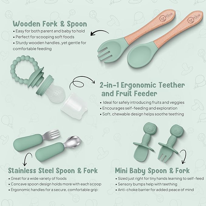 O'doe 17-Piece BPA-Free Silicone Baby Feeding Set | Thick & Soft Suction Plates, Baby Bowls, Wooden Fork & Spoon, and More | Make Mealtime Fun and Easy for Your Little One (Green, V2)