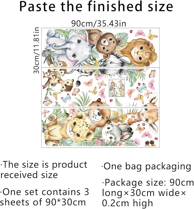 Watercolor Jungle Animal Wall Decals - Tiger, Elephant, Giraffe, Zebra, Lion - Removable Stickers for Baby's Nursery, Playroom, Bedroom, Classroom, Kindergarten Decor