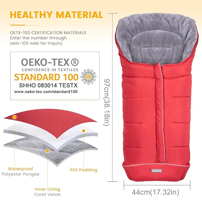 Orzbow Warm Bunting Bag Universal,Stroller Sleeping Bag Cold Weather,Waterproof Toddler Footmuff(Red,Large)