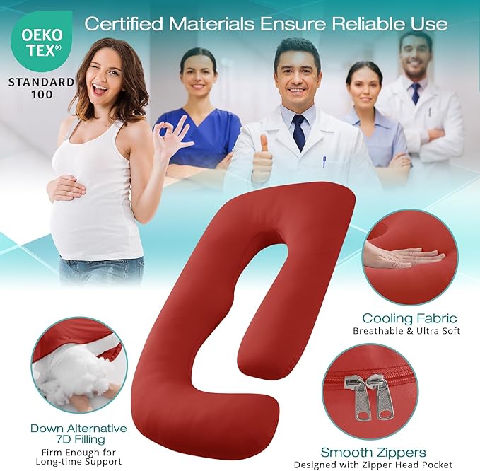 Sasttie Pregnancy Pillows for Sleeping, Jumbo U Shaped Cooling Full Body Pillow with Removable Cover, Pregnant Women Must Haves, Maternity Essential, Red