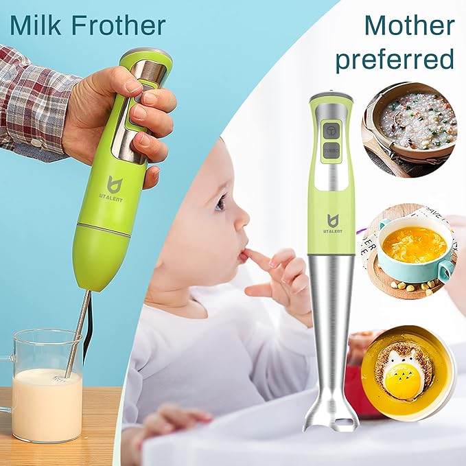 Immersion Hand Blender, UTALENT 3-in-1 8-Speed Stick Blender with Milk Frother, Egg Whisk for Coffee Milk Foam, Puree Baby Food, Smoothies, Sauces and Soups - Green