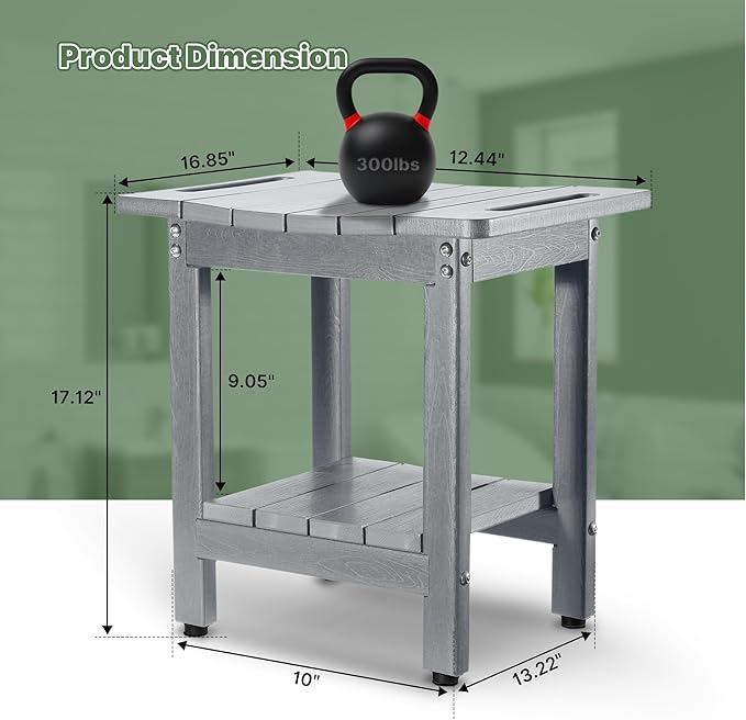 HDPE Shower Bench Seat Capacity 300LB, Waterproof Bathroom Stool with Side Carry Holes, Compact 16.8" L Design, Non-Slip Shower Seat for Elderly, Shaving Legs & Spa - Indoor/Outdoor Use (Gray)