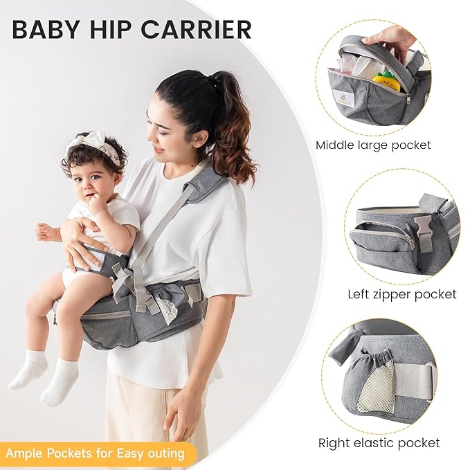 Baby Carrier with Hip Seat Adjustable Strap Huge Storage 4-in-1Toddler Carrier Enhanced Lumbar Support Ergonomic Baby Hip Carrier for Newborns & Toddlers Gray