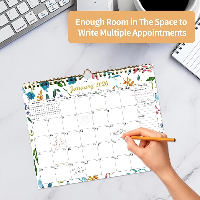 Calendar 2025-2027 22 Monthly Wall Calendar Runs from September 2025 until June 2027 Spiral Binding Hanging 11.5" x 14.7" Thick Paper with Julian Dates and Block for School Office（Flower）