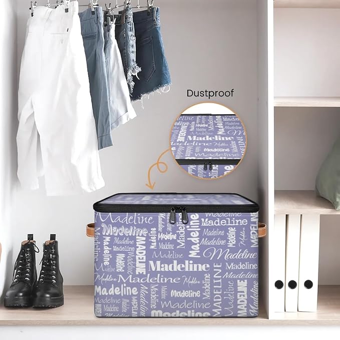 Custom Storage Basket with Name, Personalized Storage Bins with Zipper Lid, Foldable Fabric Storage Box Large capacity with Handle Haze Purple