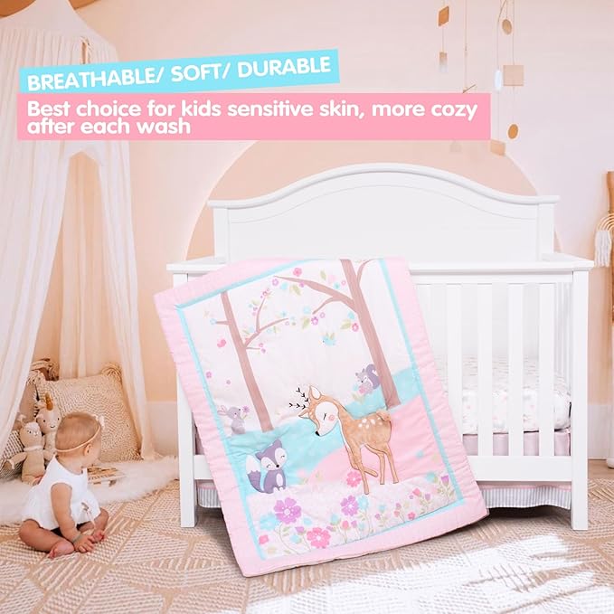 UOMNY Crib Bedding Set for Girls 3 Piece Woodland Baby Girl Crib Bedding Set Include Fitted Crib Sheet Comforter Crib Skirt