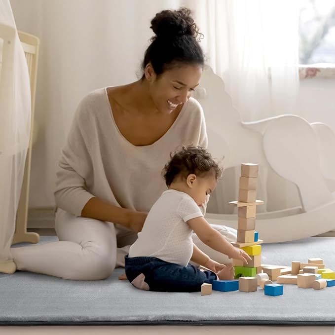 BALAPET Thick Memory Foam 71x59 Play Mat for Playpen, Super Soft Velvet Portable Baby Playpen Mat for Kids Toddler Crawling and Play, Non-Slip Bottom Playmat, Grey