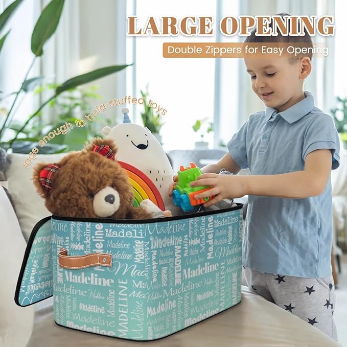 Custom Storage Basket with Name, Personalized Storage Bins with Zipper Lid, Foldable Fabric Storage Box Large capacity with Handle Grey Blue Green