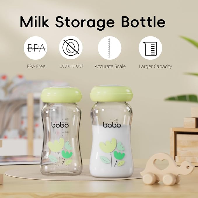 YOHKOH Breast Milk Storage Bottles - Wide Neck Glass Breastmilk Storage Bottles with Lids, BPA-Free (Green, 5.4oz (Pack of 4))