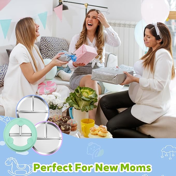 3-Pack Stainless Steel Baby Plates with Suction, BPA-Free Stainless Steel Kids Plates, 9” Divided Toddler Plate for Dishwasher Safe, Non-Slip Silicone Base, Detachable (Blue, Green, Purple)