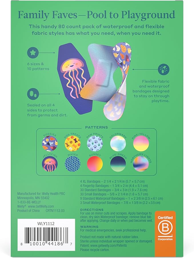 Welly Bandage Family Pack | Adhesive Flexible Fabric & Waterproof Bandages | Assorted Shapes and Patterns for Minor Cuts, Scrapes, and Wounds - 80 Count