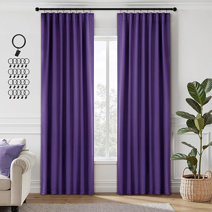 ANRODUO Back Tab Blackout Curtains for Bedroom Living Room, Rod Pocket Pinch Pleated Thermal Insulated Room Darkening Curtains 84 Inches Long 2 Panels, Purple, 42 x 84 Inch