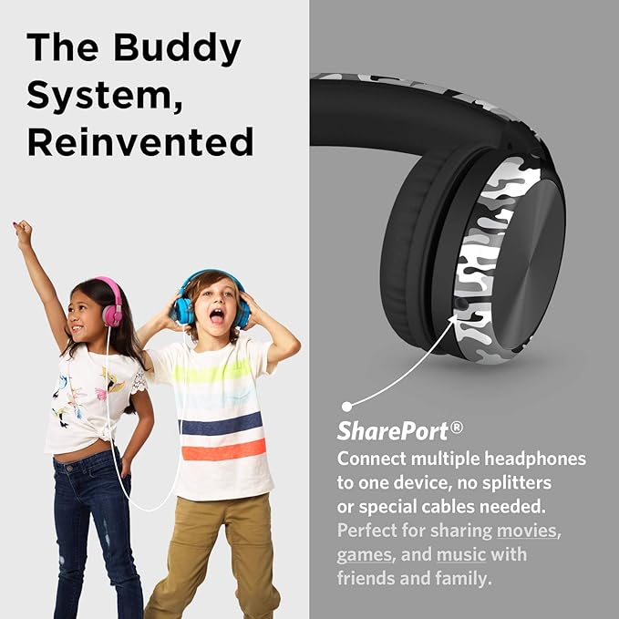 LilGadgets Connect+ Pro Wired Kids Headphones for School w/Microphone, Volume Limiting Noise Reducing Over-Ear Headset w/Cord, SharePort Technology & SoftTouch Padding, Snow Camo Headphones for Kids