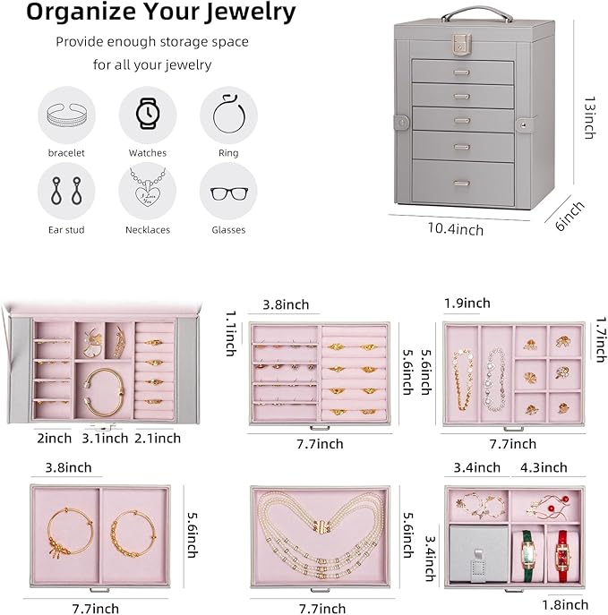 Large Jewelry Box,5-Tier PU Leather Jewelry Organizer with Lock,Multi-functional Storage Case with Mirror,Jewelry Organizer for Bracelets, Earrings, Rings, Necklaces, Mothers Day (GRAY)