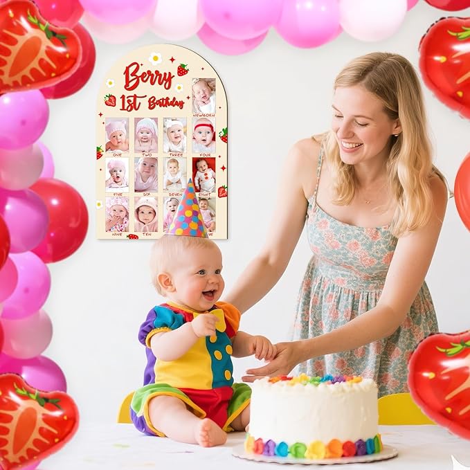 R HORSE 3D Berry 1st Birthday Wood Photo Display Board, Adorable Strawberry Baby's First Year Picture Frame, 1-12 Months Milestone Board Birthday Decorations Keepsake Gift for Baby Girls Nursery Decor