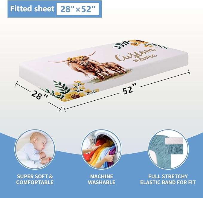 Personalized Baby Crib Bedding Set, 5 Pcs Custom Name Bedding Set, Double Layer Nursery Bedding Set for Boy Girl, Highland Cow Baby Crib Set, Gift for Toddlers Infants New Parents