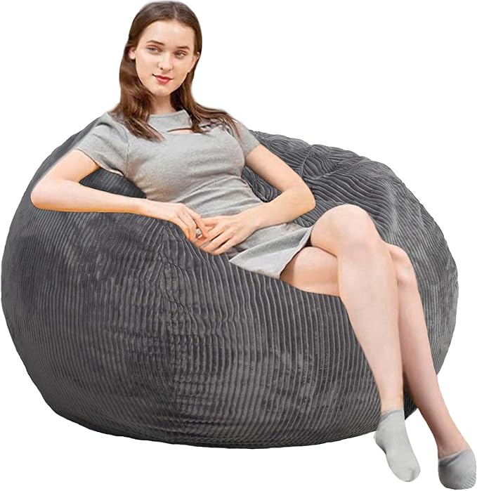 Bean Bag Chair 3Ft Luxurious Faux Rabbit Fur Memory Foam Bean Bag Chairs for Adults/Teens with Filling,Ultra Soft Faux Fur Fabric, Round Fluffy Sofa for Living Room Bedroom College Dorm (Grey)