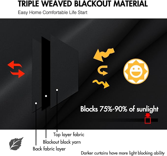 ANRODUO Back Tab Blackout Curtains for Bedroom Living Room, Rod Pocket Pinch Pleated Thermal Insulated Room Darkening Curtains 63 Inches Long 2 Panels, Black, 42 x 63 Inch