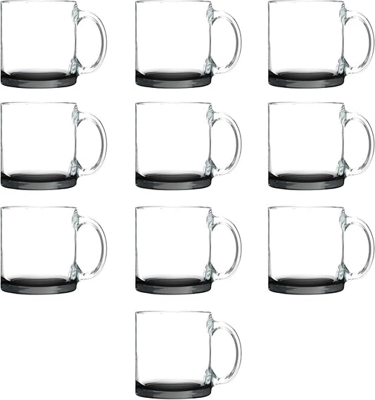 Libbey Clear Glass Coffee Mugs 13 oz. Set of 10, Bulk Pack - Perfect for Coffee, Tea, Espresso, Hot Cocoa, Other Beverages - Black Bottom