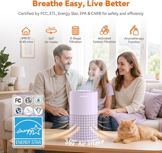 AIRROMI Air Purifier for Bedroom with HEPA 3-in-1 Filter, Pet Air Purifier for Home Cat Pee Smell, Covers Upto 990 Ft², Quiet 360°intake Air Cleaner for Pet Hair,Allergies,Pollen,Smoke A2001 Purple