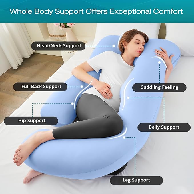Sasttie Pregnancy Pillows for Sleeping, U Shaped Cooling Full Body Pillow with Removable Cover, Pregnant Women Must Haves, Maternity Essential, Light Blue