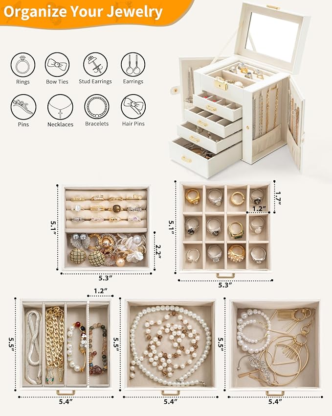 AKOZLIN 5-Tier Jewelry Box Leather Jewelry Storage Organizer with 4 Drawers Lockable for Women Girls Ring Necklace Earring Bracelet Watches Holder with Mirror White