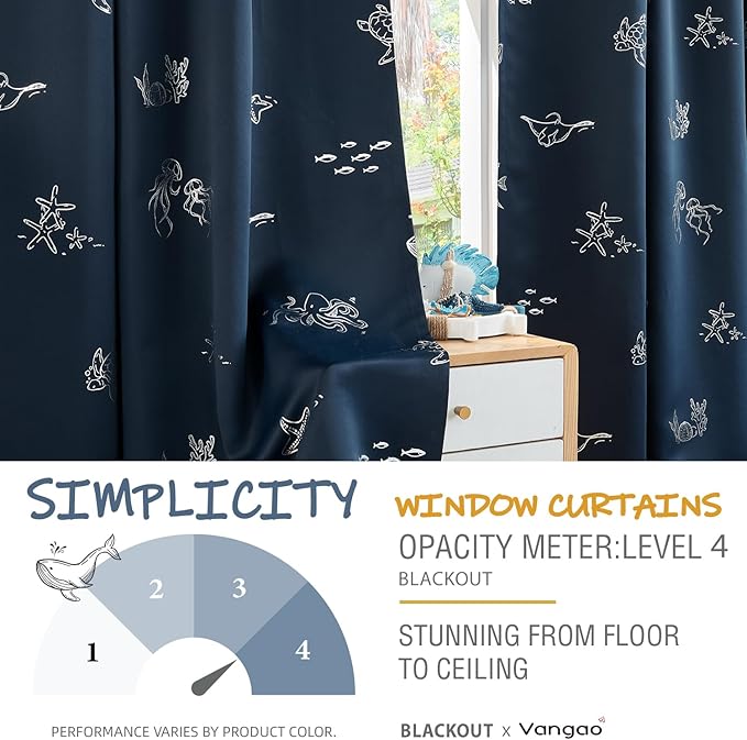 Vangao Kids Curtains for Boys Bedroom Kids Blackout Curtains 96 Inch Length Ocean Aquarium Nursery Drapes for Girls Bedroom Silver Sea Animals Print Thermal Insulated Drapes, Navy Blue 2 Panels