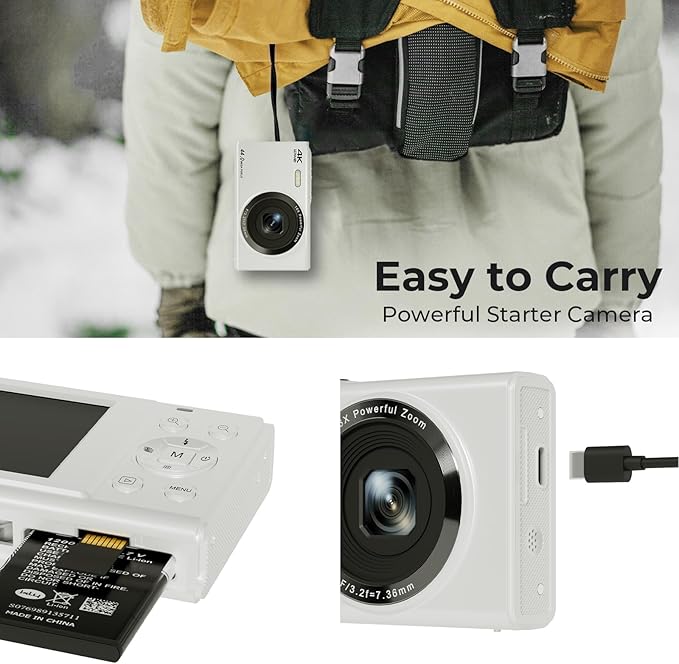 Upgrade Digital Camera, FHD 4K 44MP Autofocus Digital Point and Shoot YouTube Camera with 16X Zoom, 32GB SD Card, Compact Digital Camera Cheap for Teens Boys Girls Kids White