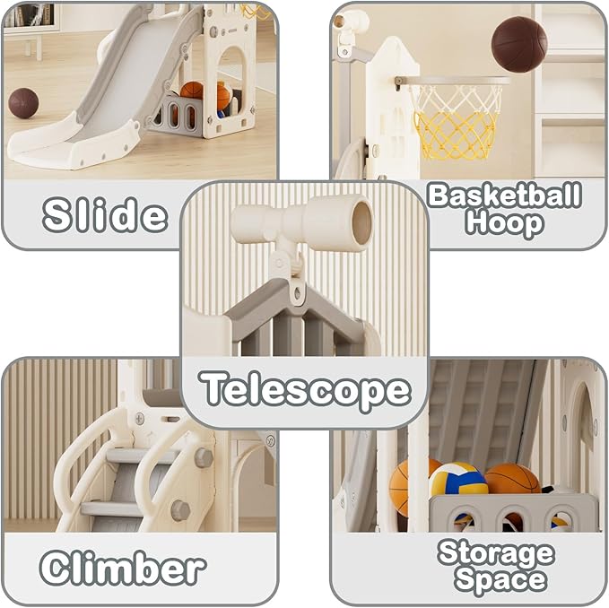 XJD 5 in 1 Toddler Slide, Kids Slide for Toddlers Age 1-3, Outdoor Indoor Playset for Toddlers with Basketball Hoop and Ball, Storage Space and Non-Slip Steps Telescope (Gley)
