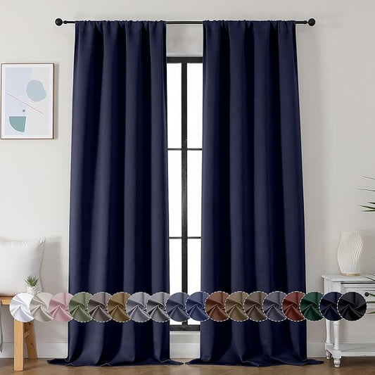 Simplebrand Ava Navy Blue Blackout Curtains for Bedroom 96 Inches Long 2 Panels, Solid Thermal Insulated, Energy Saving Living Room Window Treatment Curtains Blackout Drapes, W40 x L96 Inch, Navy Blue