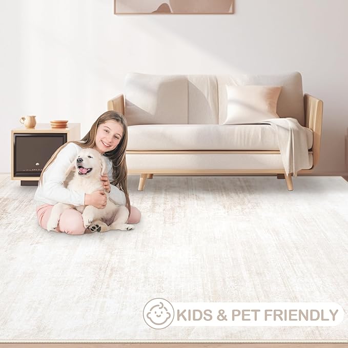 Area Rugs 5x7 Living Room: Washable Rug Modern Abstract Large Rug Soft Non Slip Neutral Rug Stain Resistant Indoor Carpet for Bedroom Kitchen Dining Room Table Nursery Home Office Rugs(Beige,5'x7')