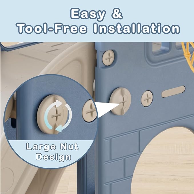 YUFU 5 in 1 Toddler Slide, Kids Slide with Climber, Basketball Hoop and Ball, Outdoor Indoor Playset for Toddlers Age 1-3 (Blue+Gray)