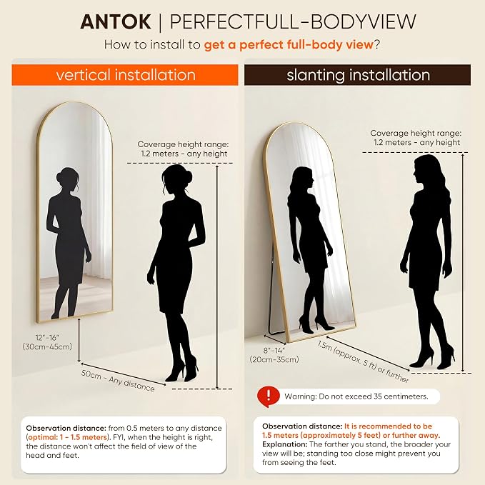 Antok 58" x19” Arched Full Length Floor Mirror, Free Standing/Wall Mount/Leaning - Image 7