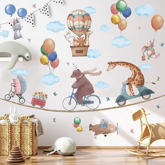 TOARTi Jungle & Woodland Animals Wall Decals - Hot Air Balloon & Elephant Giraffe Rabbit Wall Art Stickers for Baby & Kids Room Decoration
