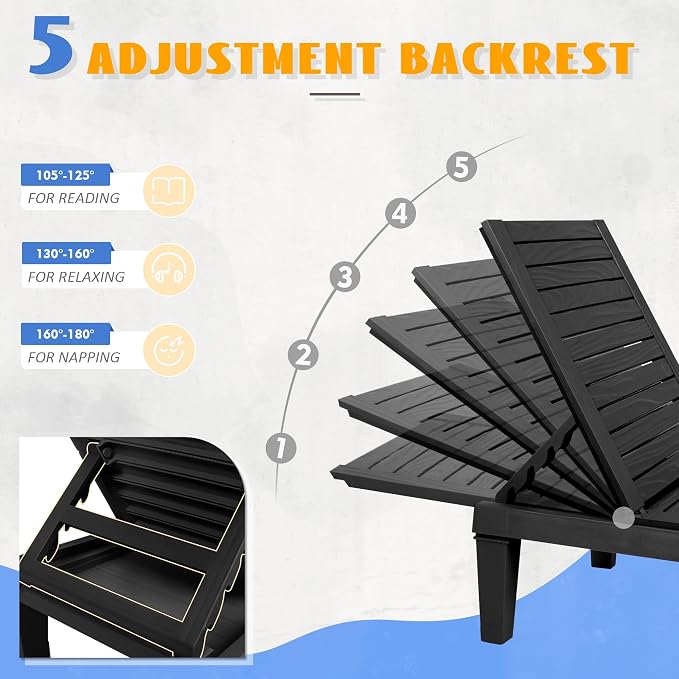 Outdoor Lounge Chairs Set of 2, 5-Position Adjustable Tanning Chairs - Image 4