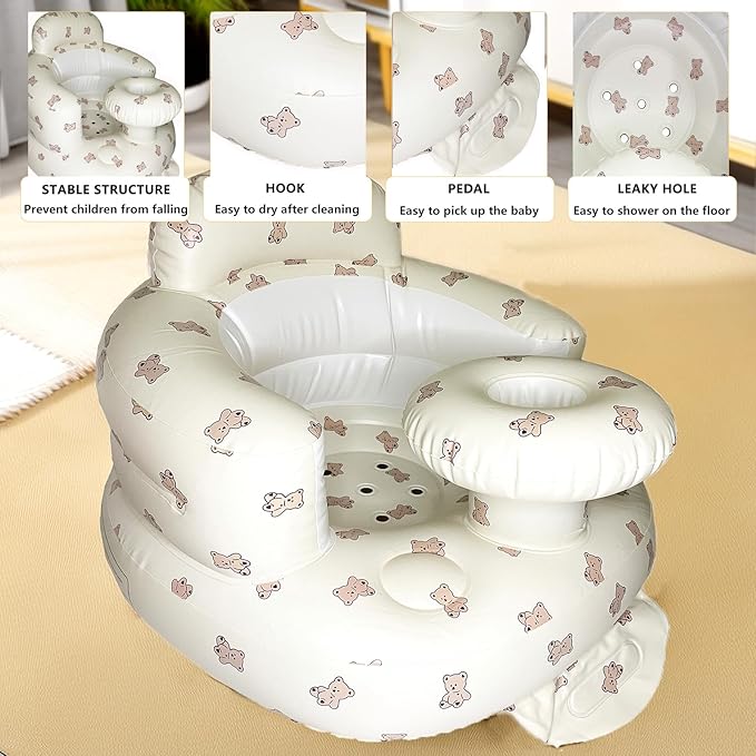 Baby Inflatable Seat for Babies 3-36 Months, Built in Air Pump, Bear Baby Support Seat Summer Toddler Chair for Sitting Up, Baby Shower Chair Floor Seater, Infant Back Support Sofa, Green
