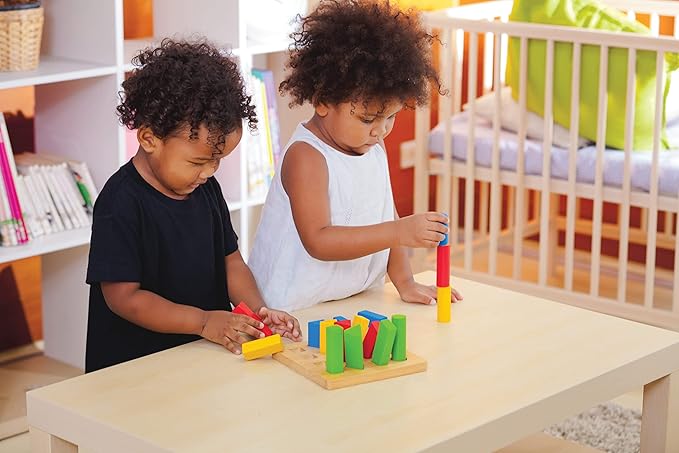 PlanToys Wooden Sorting and Stacking Geometric Peg Board (5125) | Sustainably Made from Rubberwood and Non-Toxic Paints and Dyes